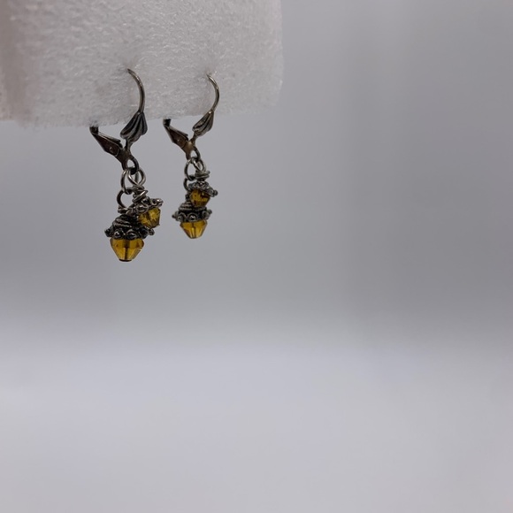 Vtg. Silver Tone Amber Art Glass Cluster Dangle Pierced Earrings Leverback - Picture 1 of 8